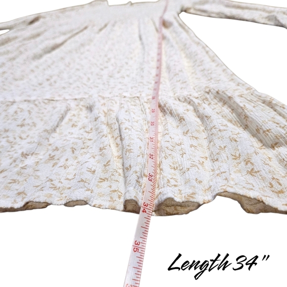 Boho Floral Smocked Mini Dress Beige Prairie Core Ruffle Hem XS Long Sleeve - Picture 11 of 11